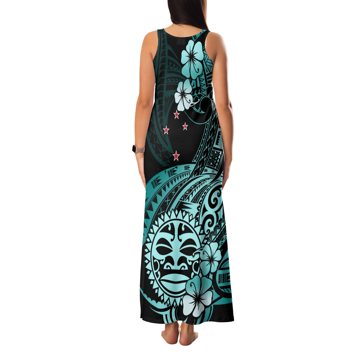 Aotearoa Kia Ora New Zealand Ta Moko Turquoise Version Family Matching Tank Maxi Dress and Hawaiian Shirt LT01 - Polynesian Pride