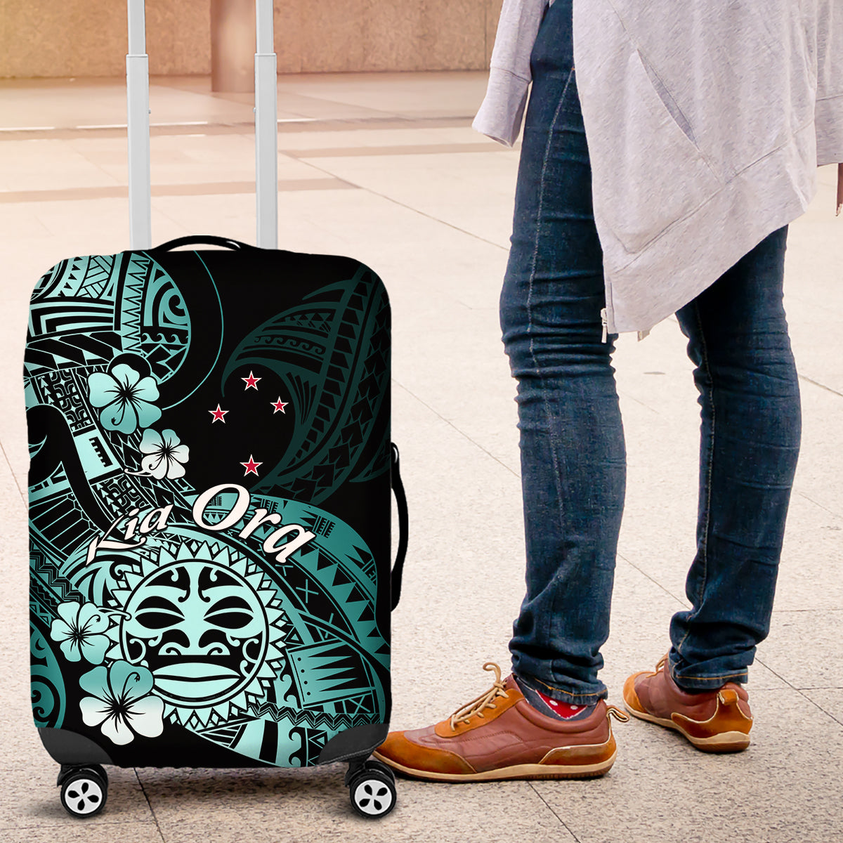 Aotearoa Kia Ora New Zealand Ta Moko Turquoise Version Luggage Cover LT01 Turquoise - Polynesian Pride