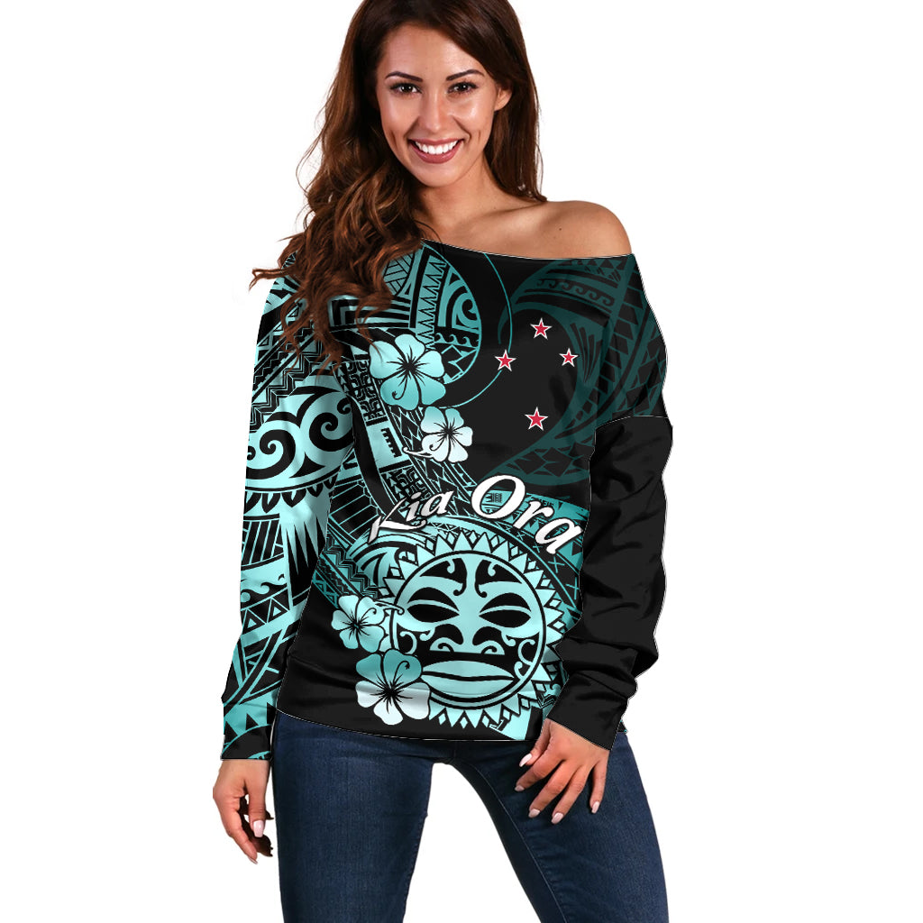Aotearoa Kia Ora New Zealand Ta Moko Turquoise Version Off Shoulder Sweater LT01 Women Turquoise - Polynesian Pride