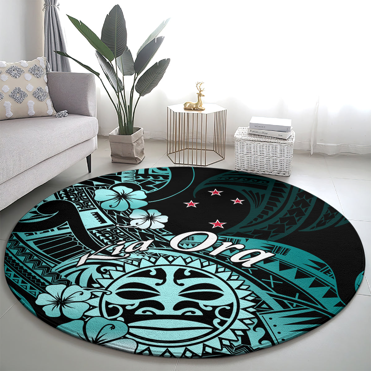 Aotearoa Kia Ora New Zealand Ta Moko Turquoise Version Round Carpet LT01 - Polynesian Pride