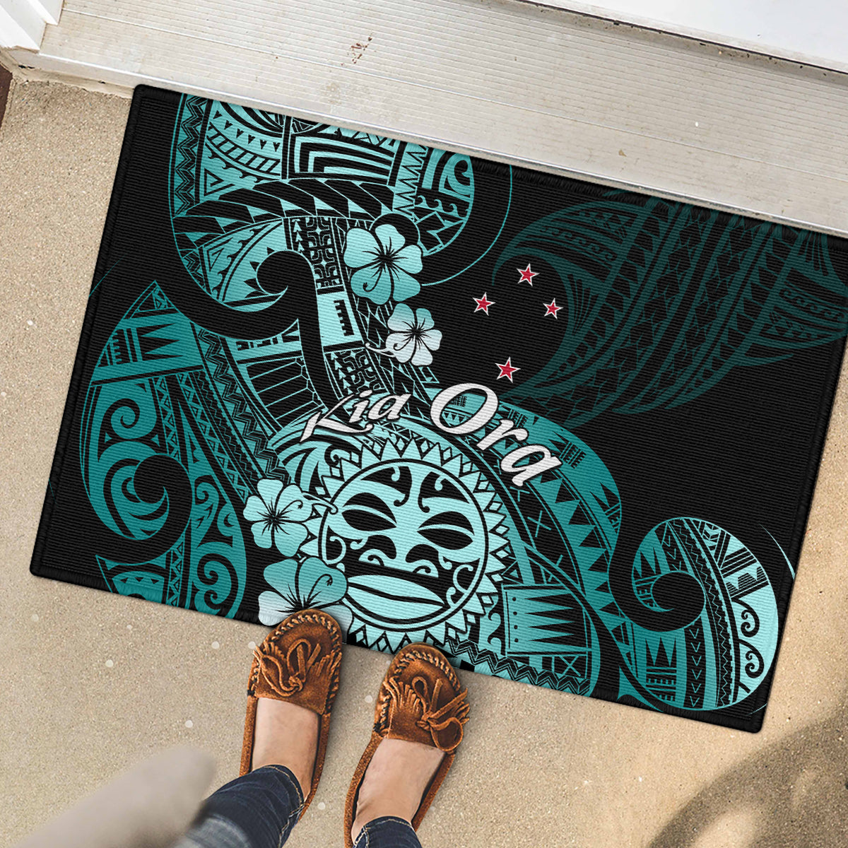 Aotearoa Kia Ora New Zealand Ta Moko Turquoise Version Rubber Doormat LT01 - Polynesian Pride
