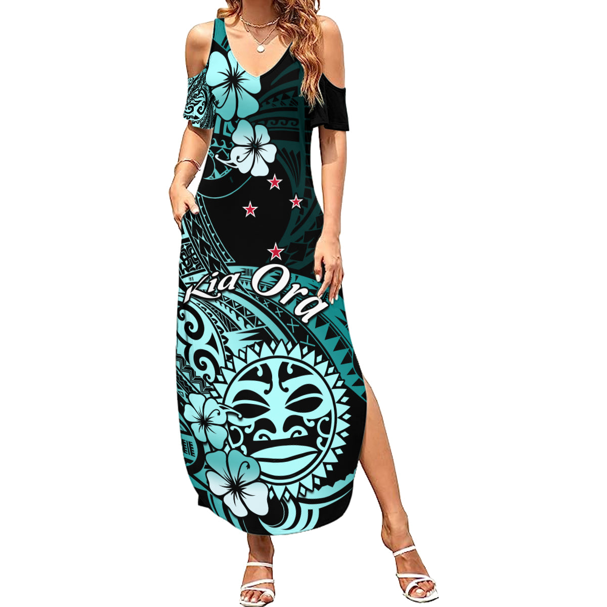 Aotearoa Kia Ora New Zealand Ta Moko Turquoise Version Summer Maxi Dress LT01 Women Turquoise - Polynesian Pride