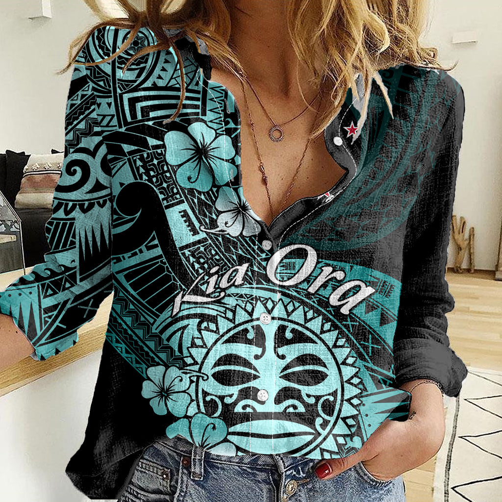 Aotearoa Kia Ora New Zealand Ta Moko Turquoise Version Women Casual Shirt LT01 Female Turquoise - Polynesian Pride