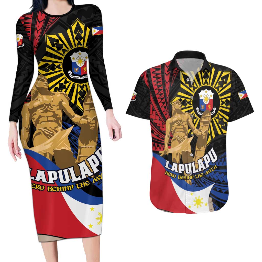 Personalized Lapulapu The First Filipino Hero Couples Matching Long Sleeve Bodycon Dress and Hawaiian Shirt Polynesian Pattern