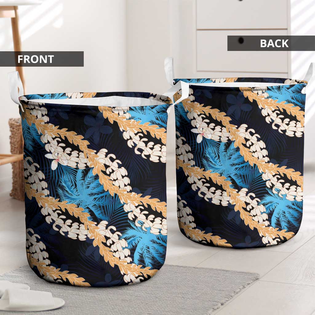 Puakenikeni Maile Lei Laundry Basket Frangipani Blue Tropical Leaves
