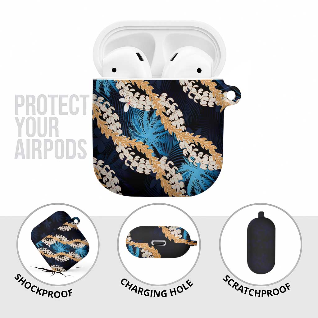 Puakenikeni Maile Lei AirPods Case Frangipani Blue Tropical Leaves