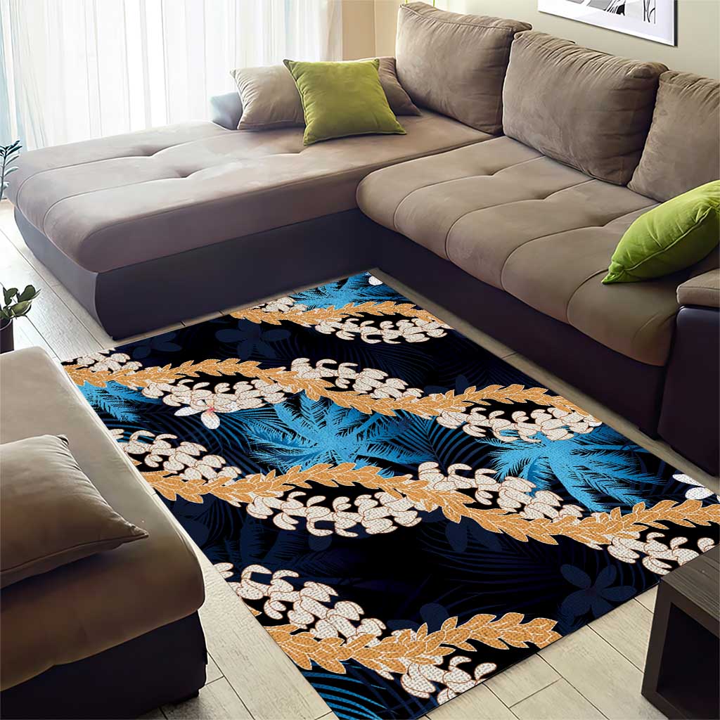 Puakenikeni Maile Lei Area Rug Frangipani Blue Tropical Leaves