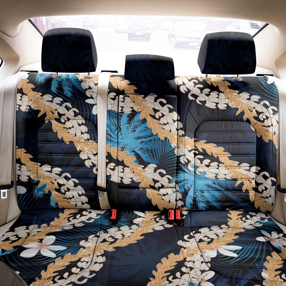 Puakenikeni Maile Lei Back Car Seat Cover Frangipani Blue Tropical Leaves