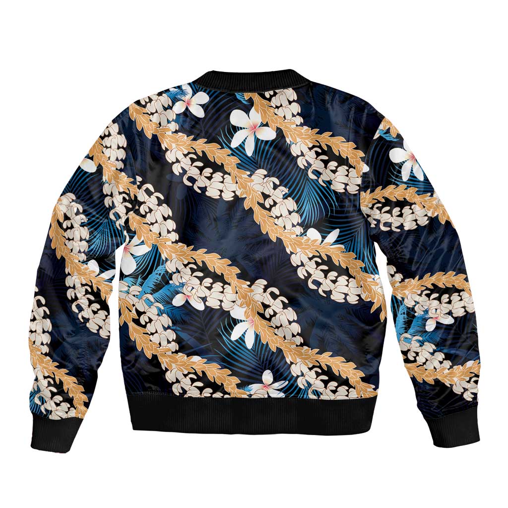 Puakenikeni Maile Lei Bomber Jacket Frangipani Blue Tropical Leaves