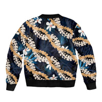 Puakenikeni Maile Lei Bomber Jacket Frangipani Blue Tropical Leaves