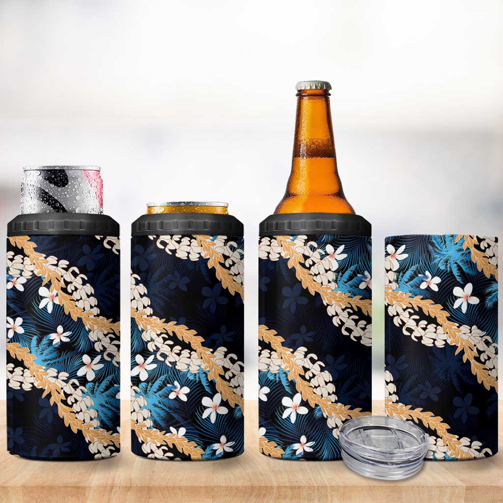 Puakenikeni Maile Lei 4 in 1 Can Cooler Tumbler Frangipani Blue Tropical Leaves