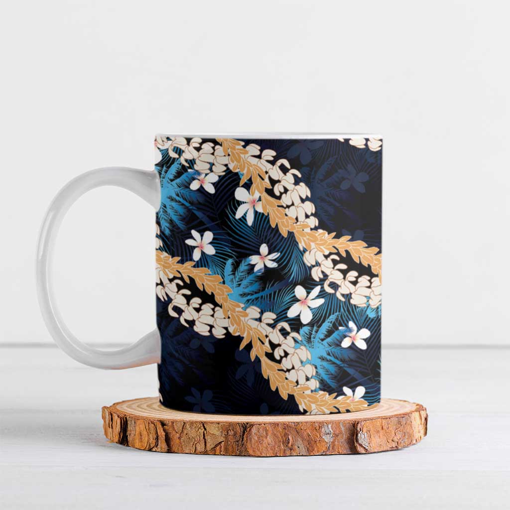 Puakenikeni Maile Lei Ceramic Mug Frangipani Blue Tropical Leaves