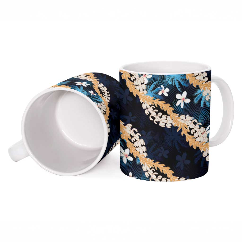 Puakenikeni Maile Lei Ceramic Mug Frangipani Blue Tropical Leaves
