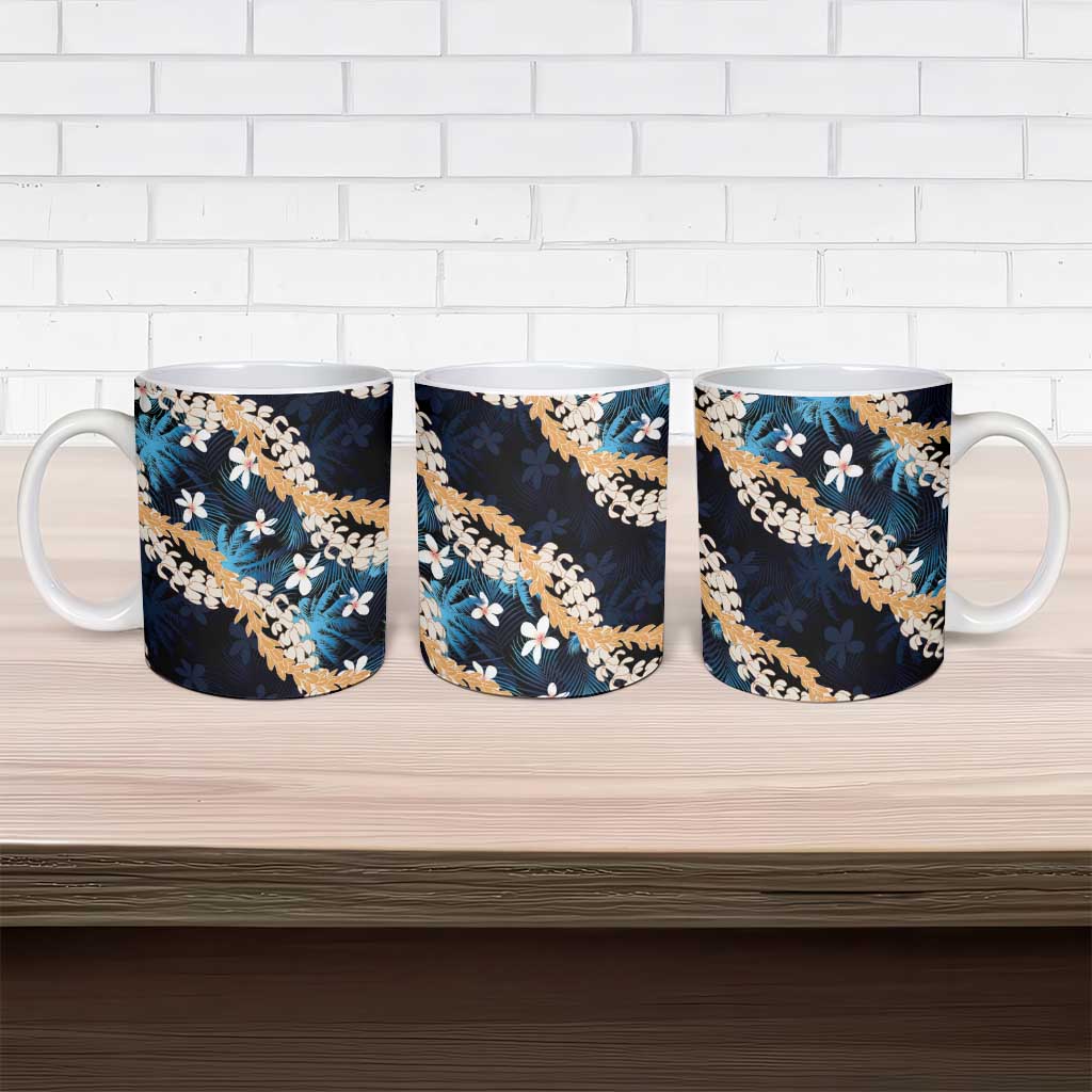 Puakenikeni Maile Lei Ceramic Mug Frangipani Blue Tropical Leaves
