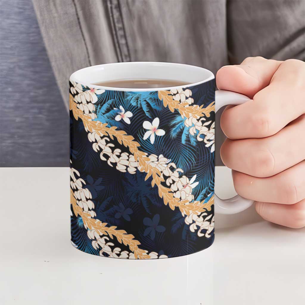 Puakenikeni Maile Lei Ceramic Mug Frangipani Blue Tropical Leaves
