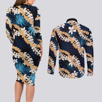 Puakenikeni Maile Lei Couples Matching Long Sleeve Bodycon Dress and Long Sleeve Button Shirt Frangipani Blue Tropical Leaves LT01 - Polynesian Pride