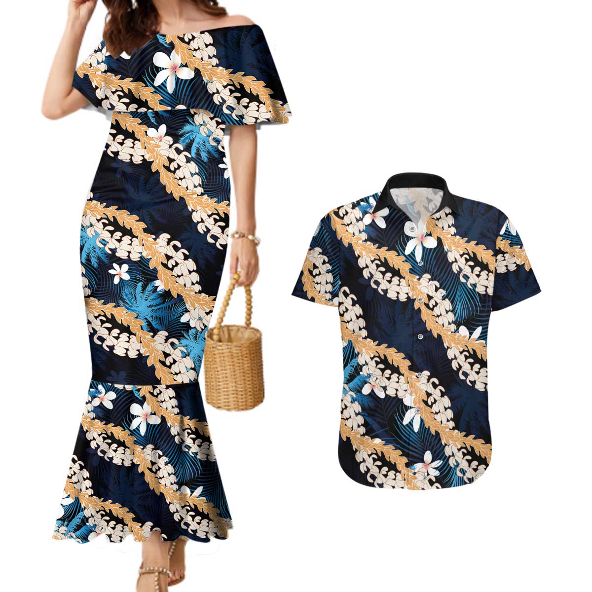 Puakenikeni Maile Lei Couples Matching Mermaid Dress and Hawaiian Shirt Frangipani Blue Tropical Leaves LT01 Blue - Polynesian Pride