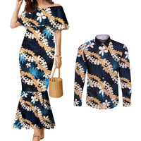 Puakenikeni Maile Lei Couples Matching Mermaid Dress and Long Sleeve Button Shirt Frangipani Blue Tropical Leaves LT01 Blue - Polynesian Pride