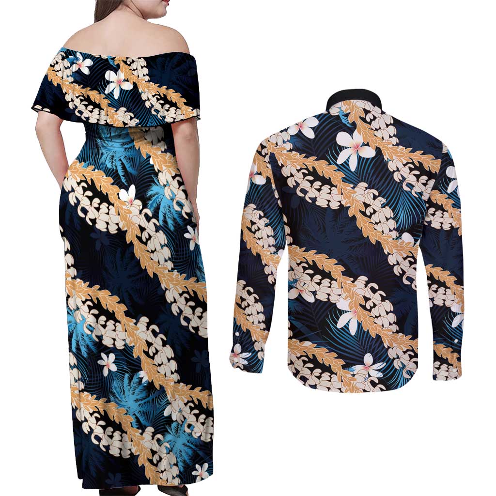 Puakenikeni Maile Lei Couples Matching Off Shoulder Maxi Dress and Long Sleeve Button Shirt Frangipani Blue Tropical Leaves