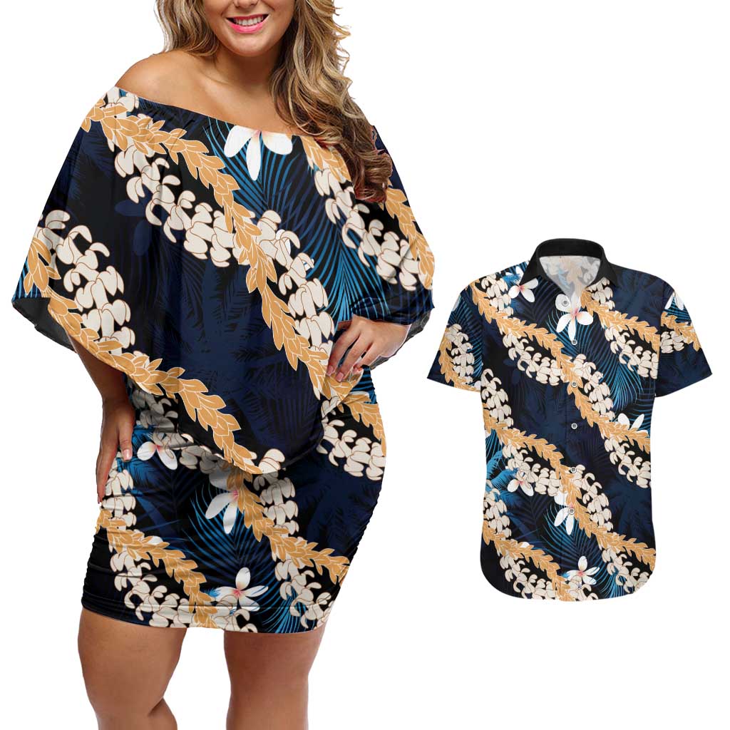 Puakenikeni Maile Lei Couples Matching Off Shoulder Short Dress and Hawaiian Shirt Frangipani Blue Tropical Leaves