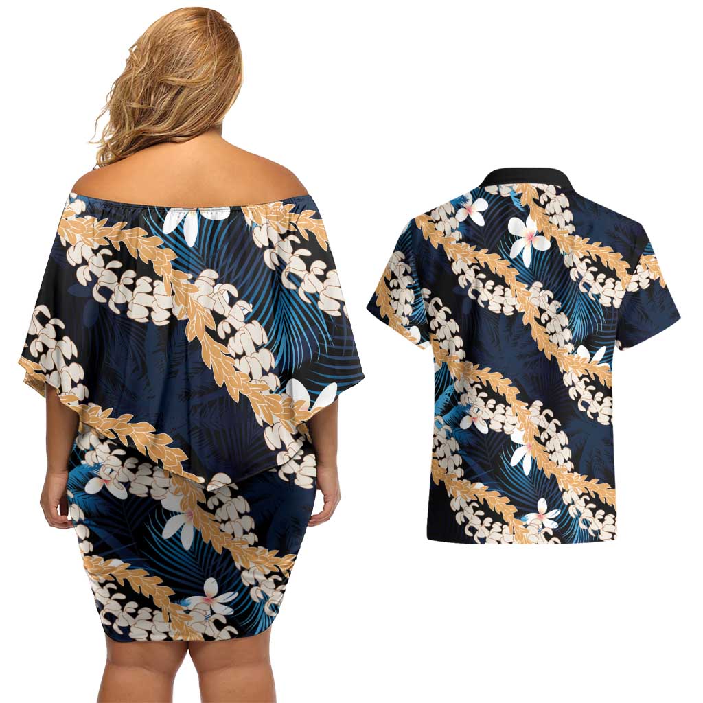 Puakenikeni Maile Lei Couples Matching Off Shoulder Short Dress and Hawaiian Shirt Frangipani Blue Tropical Leaves LT01 - Polynesian Pride