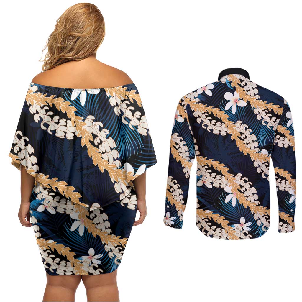 Puakenikeni Maile Lei Couples Matching Off Shoulder Short Dress and Long Sleeve Button Shirt Frangipani Blue Tropical Leaves