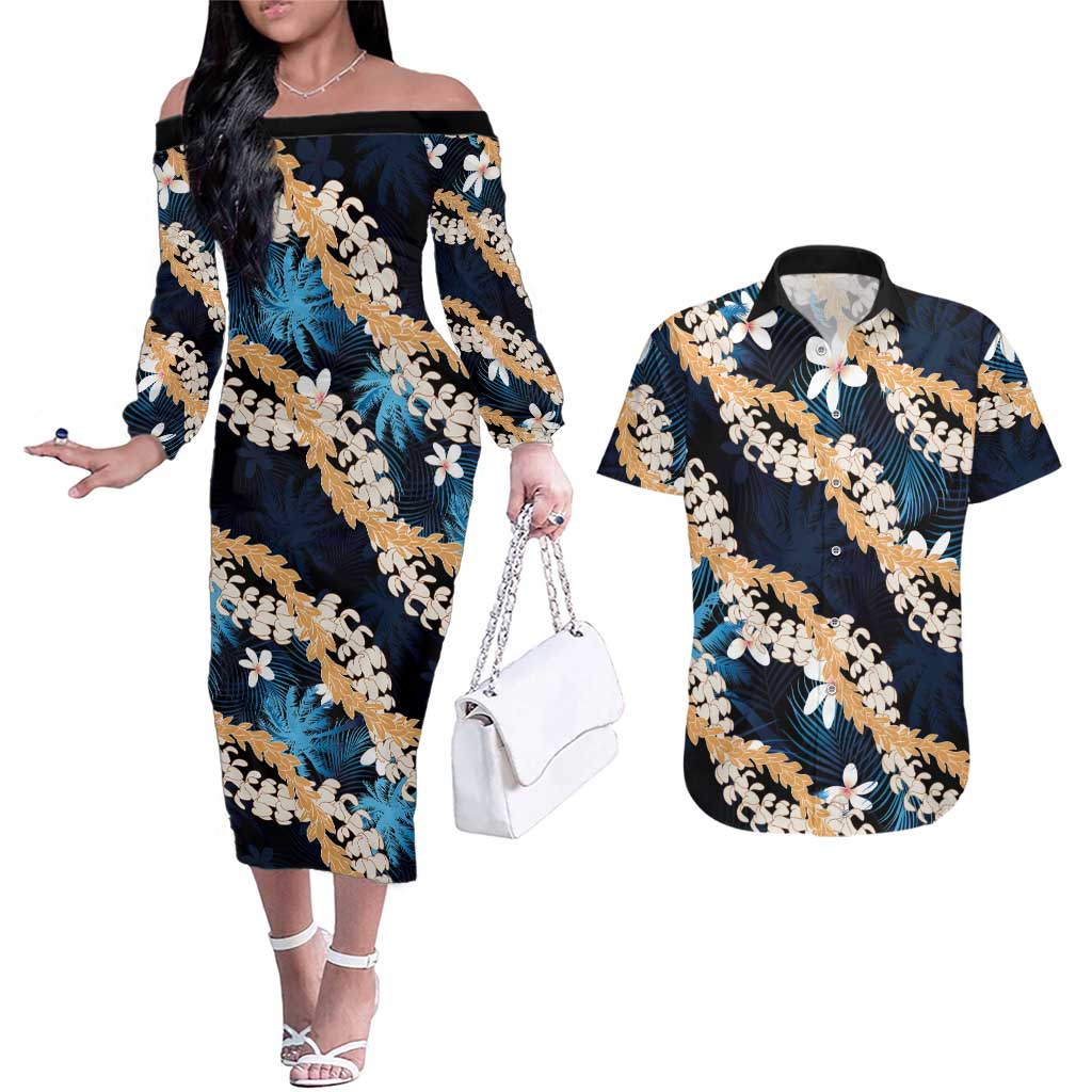 Puakenikeni Maile Lei Couples Matching Off The Shoulder Long Sleeve Dress and Hawaiian Shirt Frangipani Blue Tropical Leaves