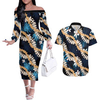 Puakenikeni Maile Lei Couples Matching Off The Shoulder Long Sleeve Dress and Hawaiian Shirt Frangipani Blue Tropical Leaves LT01 Blue - Polynesian Pride
