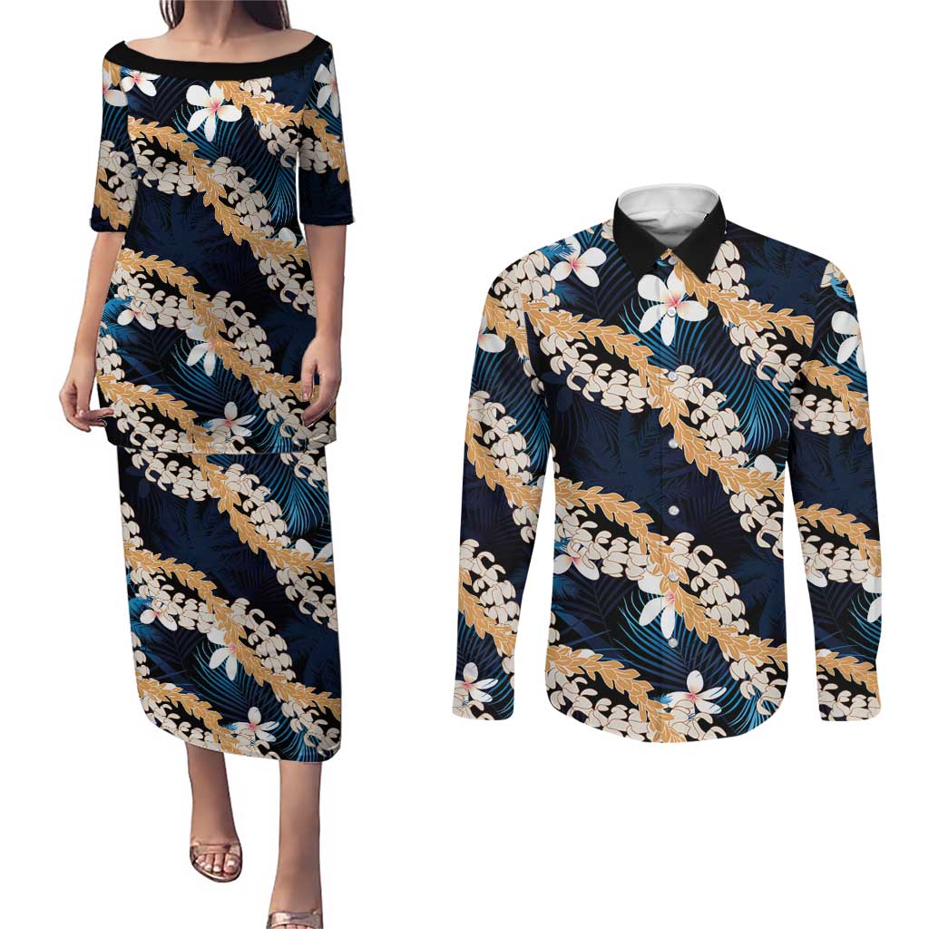 Puakenikeni Maile Lei Couples Matching Puletasi and Long Sleeve Button Shirt Frangipani Blue Tropical Leaves