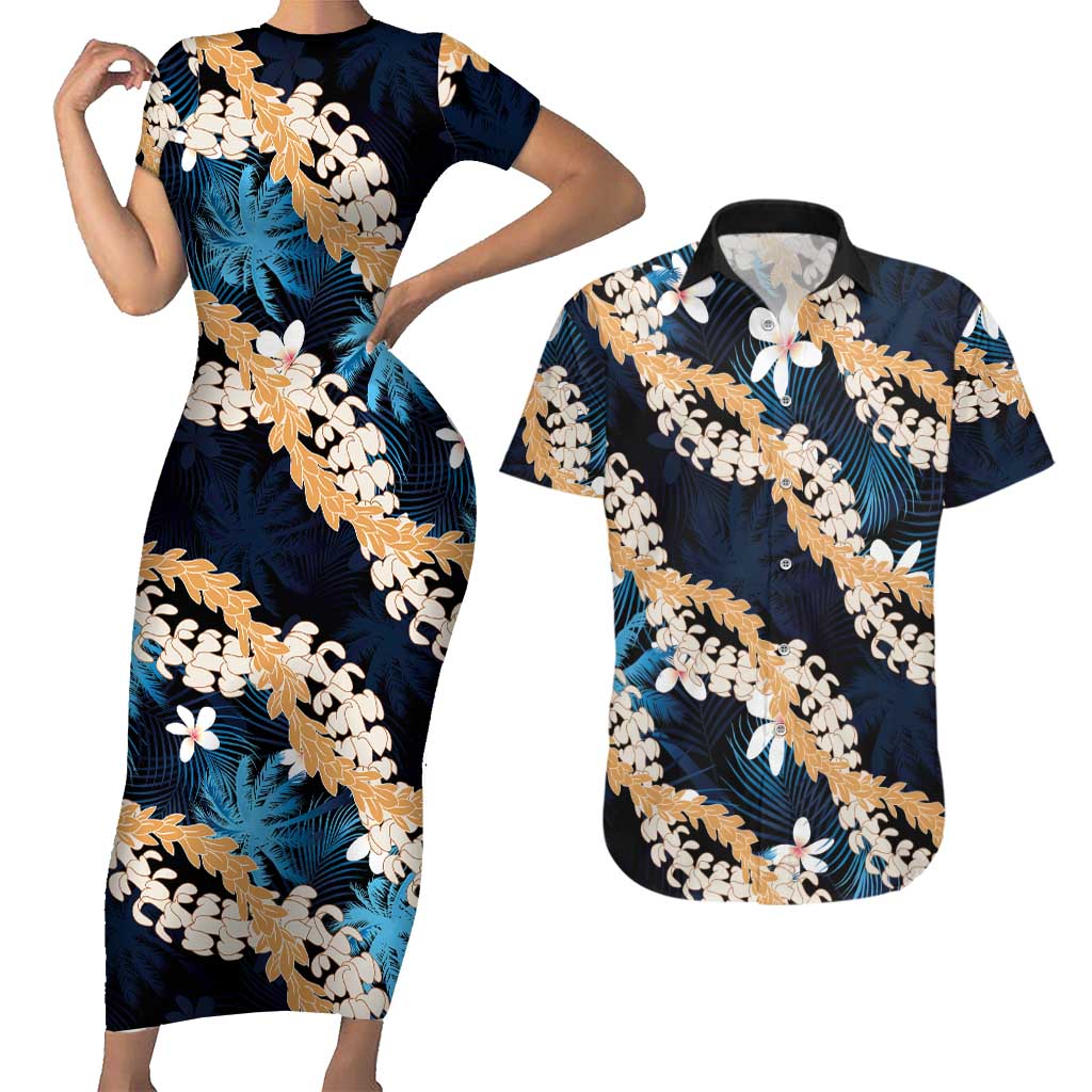 Puakenikeni Maile Lei Couples Matching Short Sleeve Bodycon Dress and Hawaiian Shirt Frangipani Blue Tropical Leaves