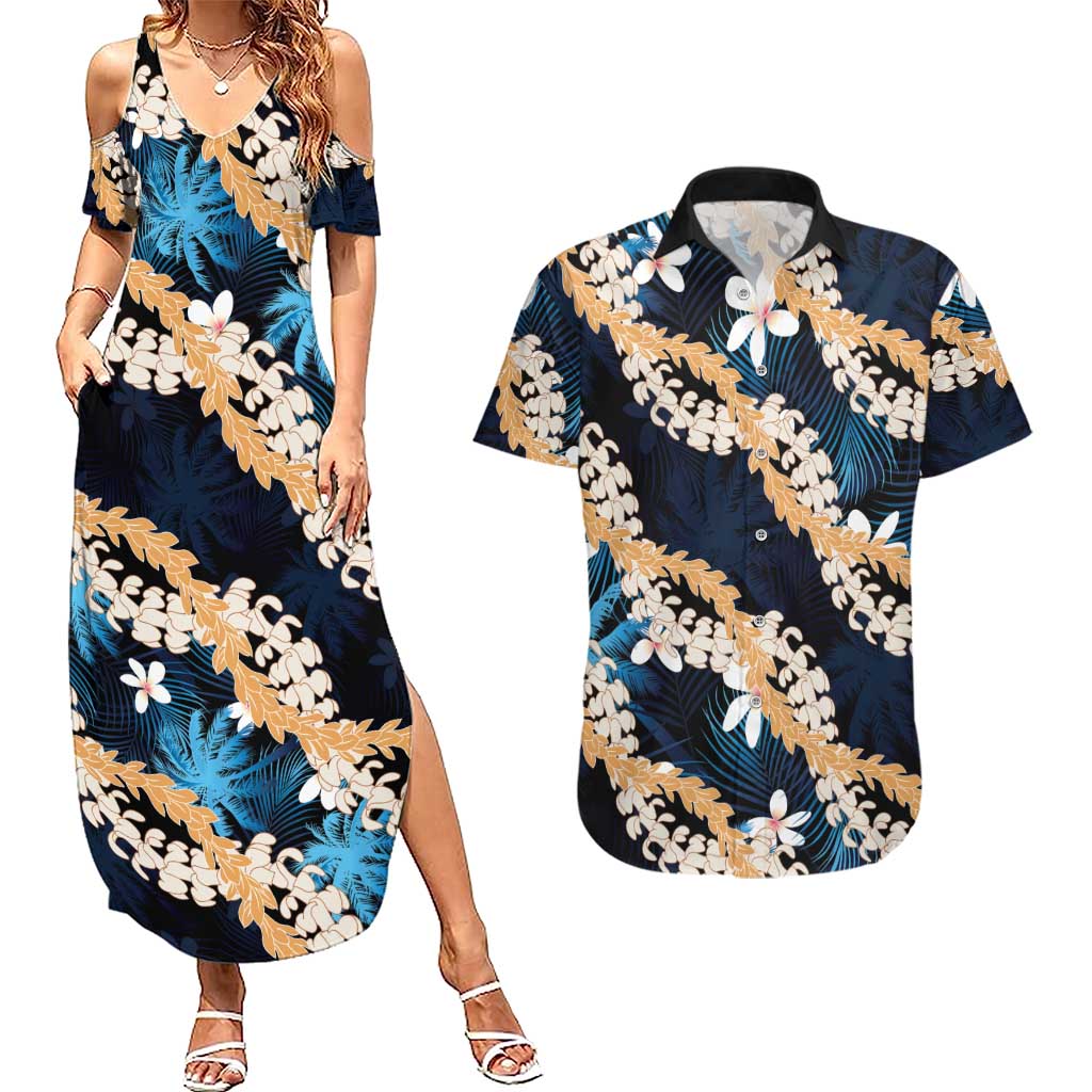 Puakenikeni Maile Lei Couples Matching Summer Maxi Dress and Hawaiian Shirt Frangipani Blue Tropical Leaves