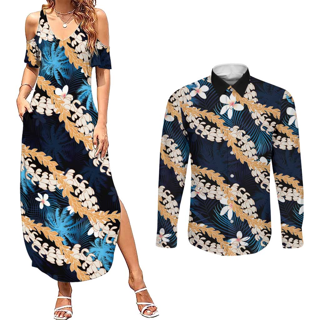 Puakenikeni Maile Lei Couples Matching Summer Maxi Dress and Long Sleeve Button Shirt Frangipani Blue Tropical Leaves