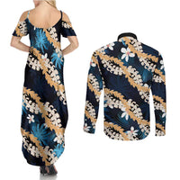 Puakenikeni Maile Lei Couples Matching Summer Maxi Dress and Long Sleeve Button Shirt Frangipani Blue Tropical Leaves