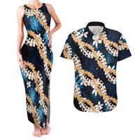 Puakenikeni Maile Lei Couples Matching Tank Maxi Dress and Hawaiian Shirt Frangipani Blue Tropical Leaves LT01 Blue - Polynesian Pride
