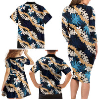 Puakenikeni Maile Lei Family Matching Long Sleeve Bodycon Dress and Hawaiian Shirt Frangipani Blue Tropical Leaves LT01 - Polynesian Pride