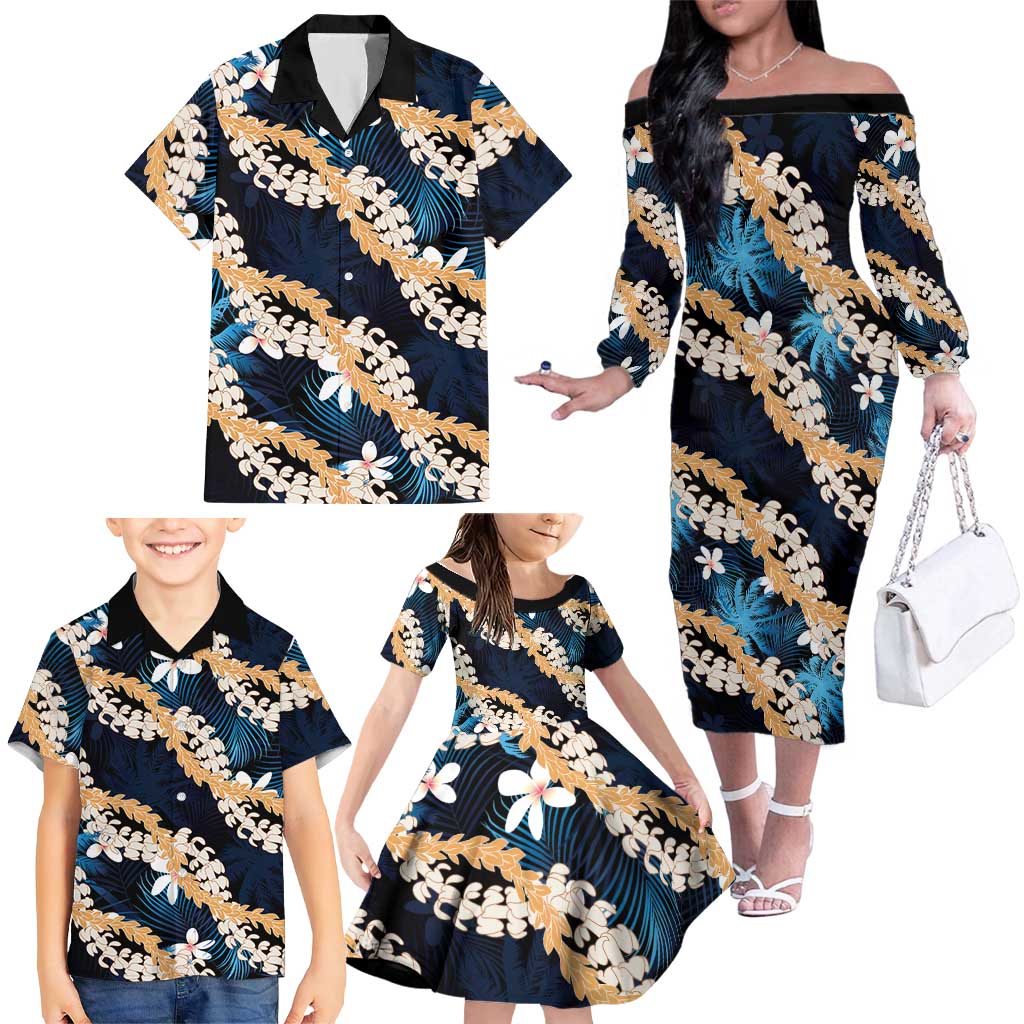 Puakenikeni Maile Lei Family Matching Off The Shoulder Long Sleeve Dress and Hawaiian Shirt Frangipani Blue Tropical Leaves LT01 - Polynesian Pride