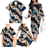 Puakenikeni Maile Lei Family Matching Off The Shoulder Long Sleeve Dress and Hawaiian Shirt Frangipani Blue Tropical Leaves LT01 - Polynesian Pride