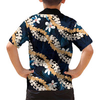 Puakenikeni Maile Lei Family Matching Off Shoulder Maxi Dress and Hawaiian Shirt Frangipani Blue Tropical Leaves LT01 - Polynesian Pride