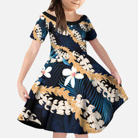 Puakenikeni Maile Lei Family Matching Off Shoulder Maxi Dress and Hawaiian Shirt Frangipani Blue Tropical Leaves LT01 Daughter's Dress Blue - Polynesian Pride