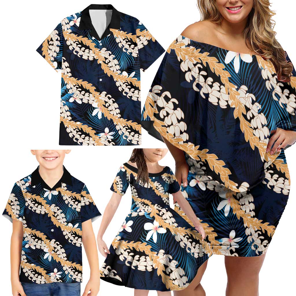 Puakenikeni Maile Lei Family Matching Off Shoulder Short Dress and Hawaiian Shirt Frangipani Blue Tropical Leaves LT01 - Polynesian Pride