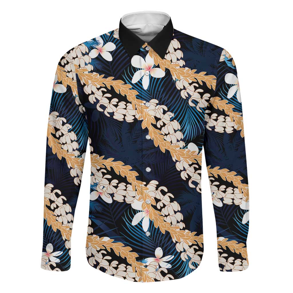 Puakenikeni Maile Lei Family Matching Off Shoulder Short Dress and Hawaiian Shirt Frangipani Blue Tropical Leaves LT01 Dad's Shirt - Long Sleeve Blue - Polynesian Pride