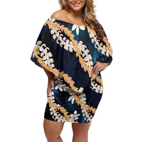 Puakenikeni Maile Lei Family Matching Off Shoulder Short Dress and Hawaiian Shirt Frangipani Blue Tropical Leaves LT01 Mom's Dress Blue - Polynesian Pride