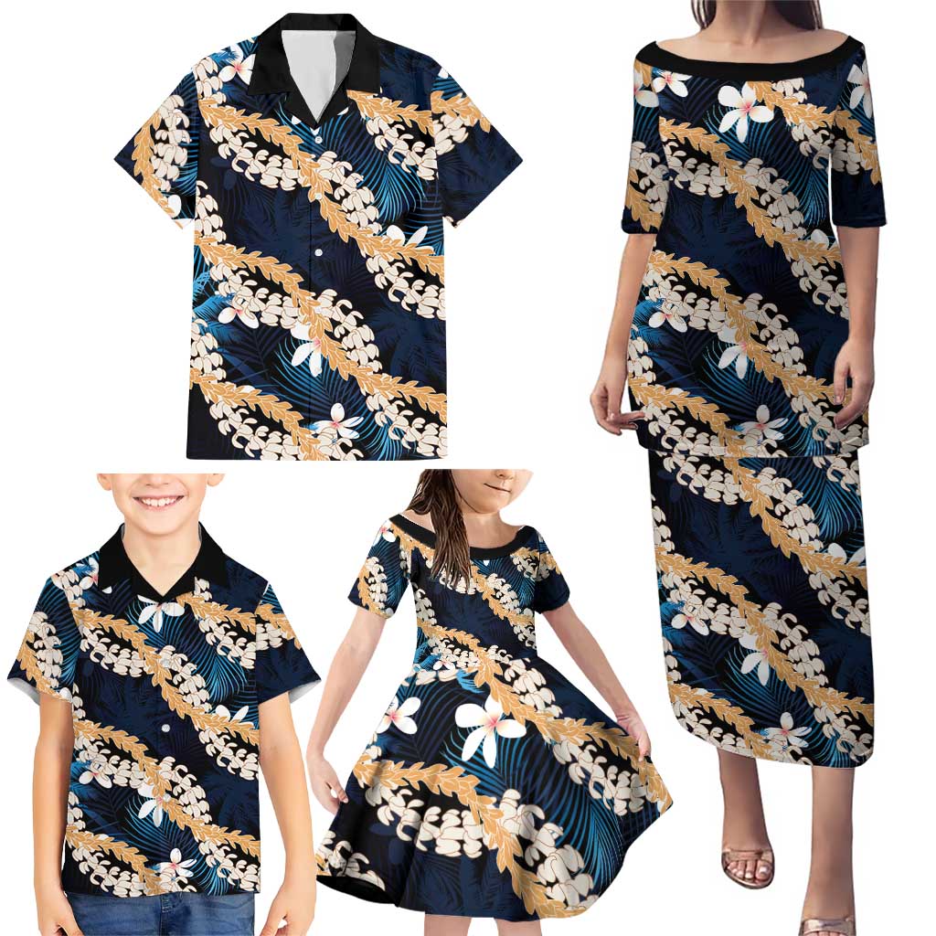 Puakenikeni Maile Lei Family Matching Puletasi and Hawaiian Shirt Frangipani Blue Tropical Leaves