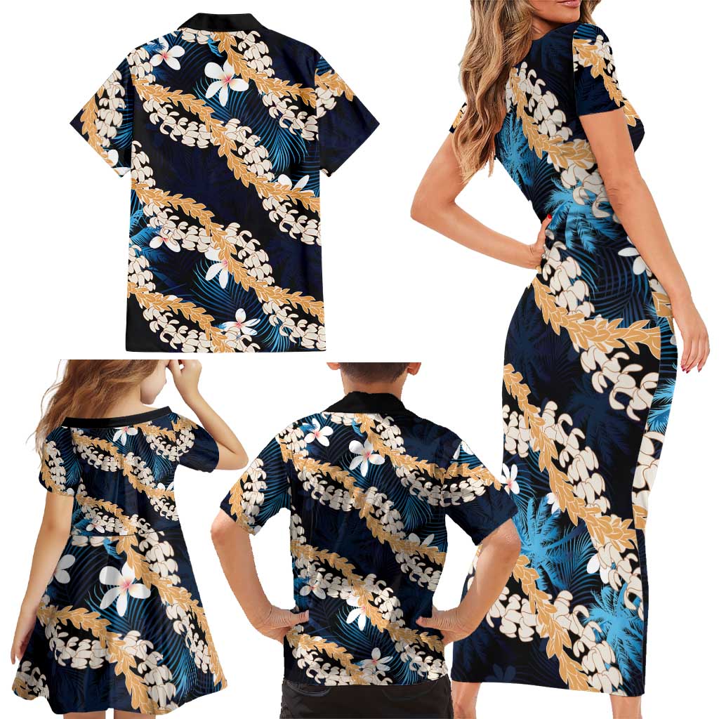 Puakenikeni Maile Lei Family Matching Short Sleeve Bodycon Dress and Hawaiian Shirt Frangipani Blue Tropical Leaves LT01 - Polynesian Pride