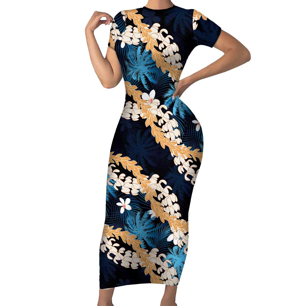 Puakenikeni Maile Lei Family Matching Short Sleeve Bodycon Dress and Hawaiian Shirt Frangipani Blue Tropical Leaves LT01 Mom's Dress Blue - Polynesian Pride