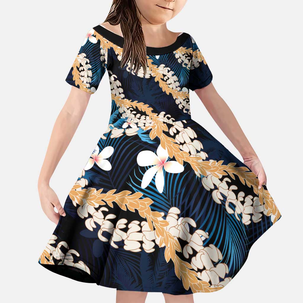 Puakenikeni Maile Lei Family Matching Tank Maxi Dress and Hawaiian Shirt Frangipani Blue Tropical Leaves LT01 Daughter's Dress Blue - Polynesian Pride
