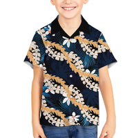 Puakenikeni Maile Lei Family Matching Tank Maxi Dress and Hawaiian Shirt Frangipani Blue Tropical Leaves LT01 Son's Shirt Blue - Polynesian Pride