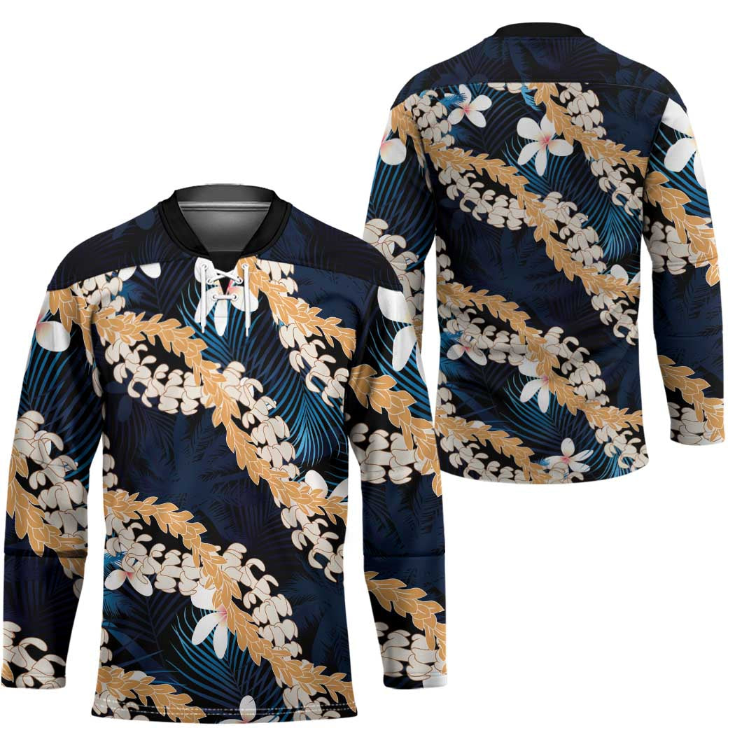 Puakenikeni Maile Lei Hockey Jersey Frangipani Blue Tropical Leaves