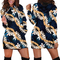 Puakenikeni Maile Lei Hoodie Dress Frangipani Blue Tropical Leaves