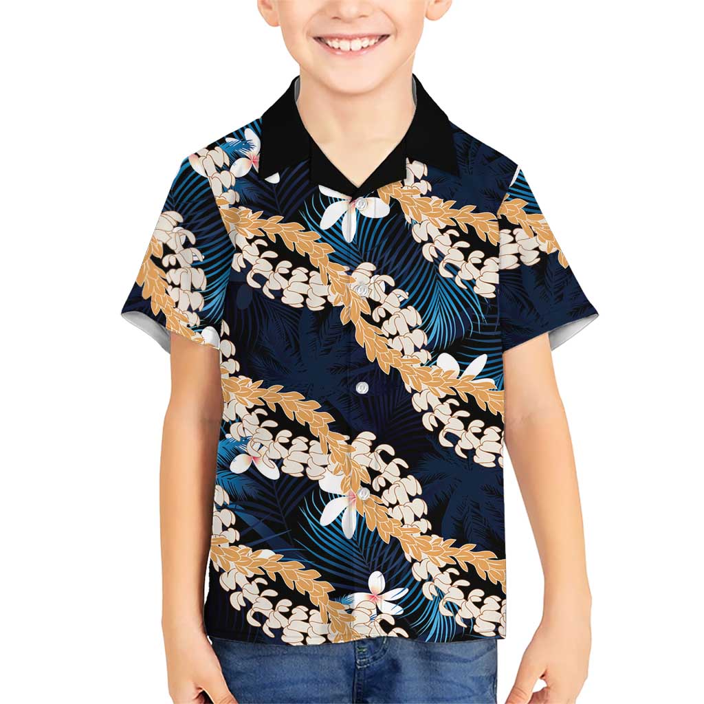 Puakenikeni Maile Lei Kid Hawaiian Shirt Frangipani Blue Tropical Leaves